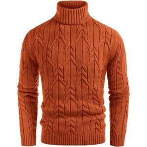 Men's Rust Red Mock Turtleneck Long Sleeve Cable Knit Sweaters Slim Fit Pullover
